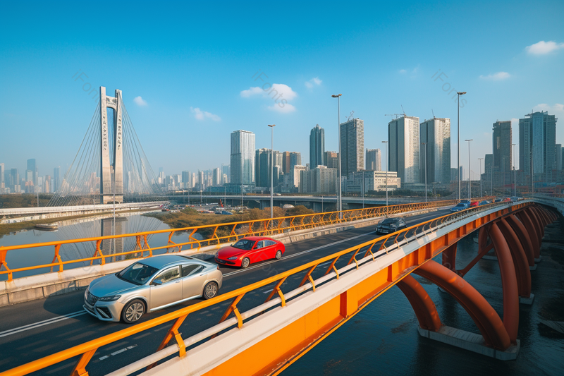 蓝色的天空下城市建筑景观跨海桥梁摄影图,高清,摄影图,摄影图片,图片大全,摄影图免费下载